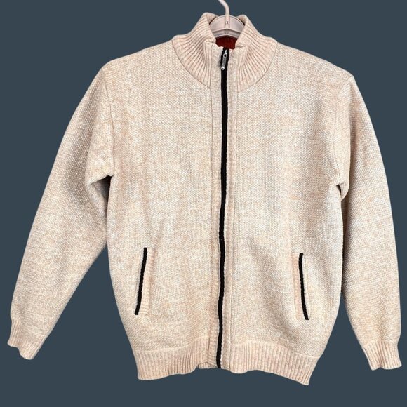 Mens XL Beige Zip Sweater Cardigan Bomber Jacket Plaid Fleece Lined Grandpa Core - Picture 4 of 10